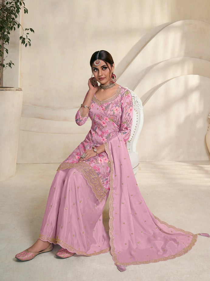 Vinay 1500 - Pink Chinon Digital Floral Printed Sharara Suit Set - 3Pcs Suit