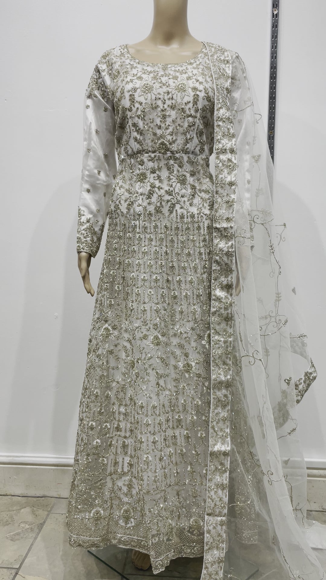 Yusra - Turquoise Heavy Embroidered Net Party Gown with White Gold Embroidered - 3pcs