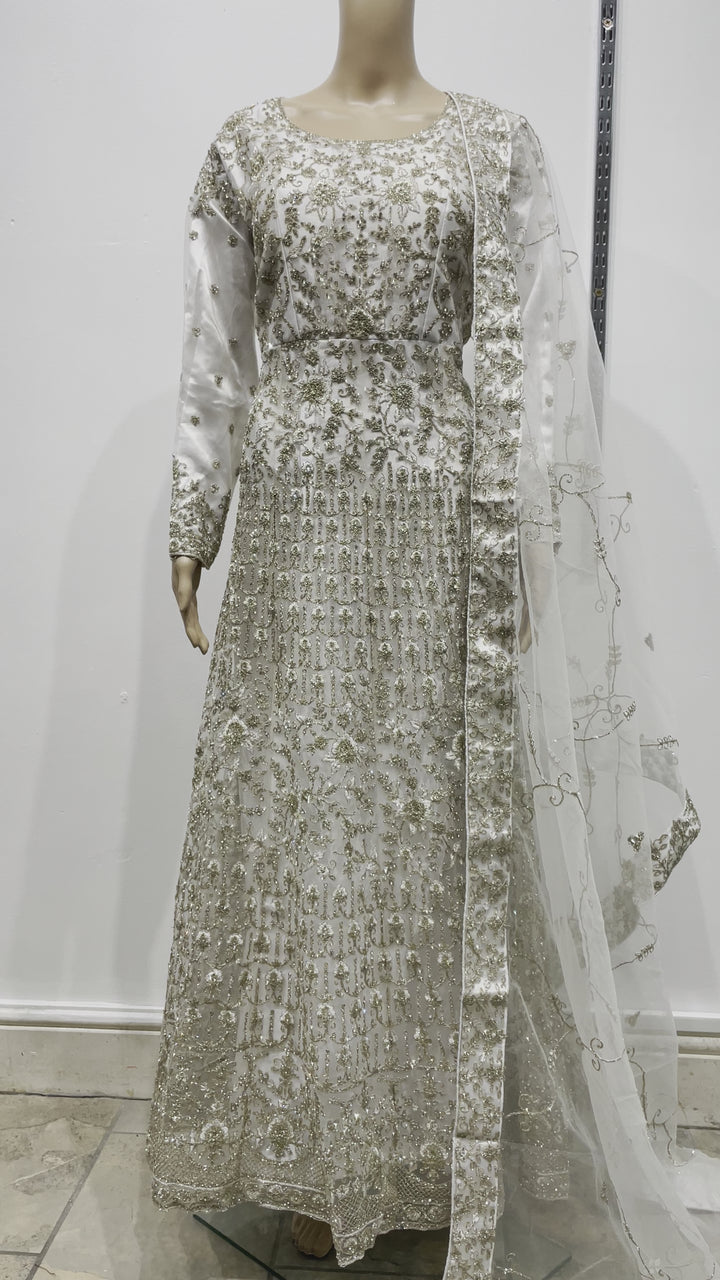 Yusra - Turquoise Heavy Embroidered Net Party Gown with White Gold Embroidered - 3pcs