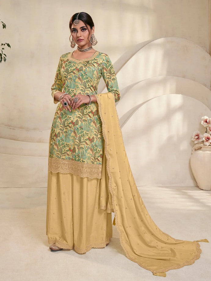 Vinay - Yellow Chinon Digital Floral Printed Sharara Suit Set - 3Pcs Suit