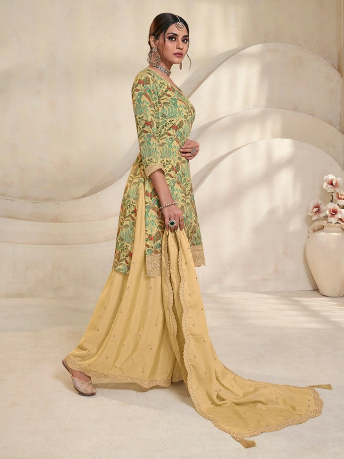 Vinay - Yellow Chinon Digital Floral Printed Sharara Suit Set - 3Pcs Suit