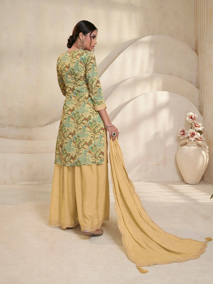 Vinay - Yellow Chinon Digital Floral Printed Sharara Suit Set - 3Pcs Suit