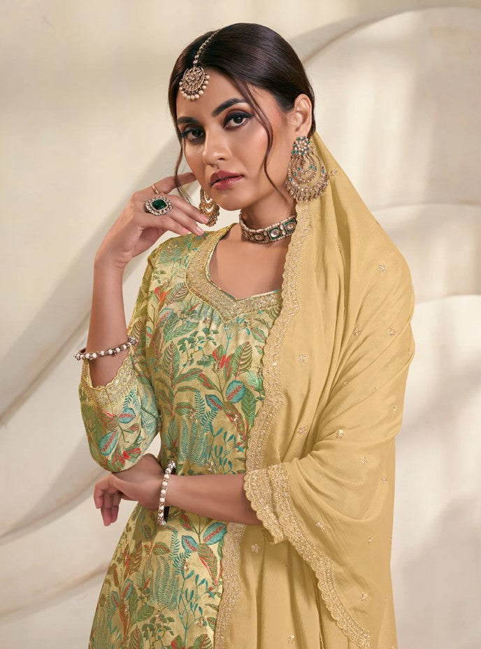 Vinay - Yellow Chinon Digital Floral Printed Sharara Suit Set - 3Pcs Suit