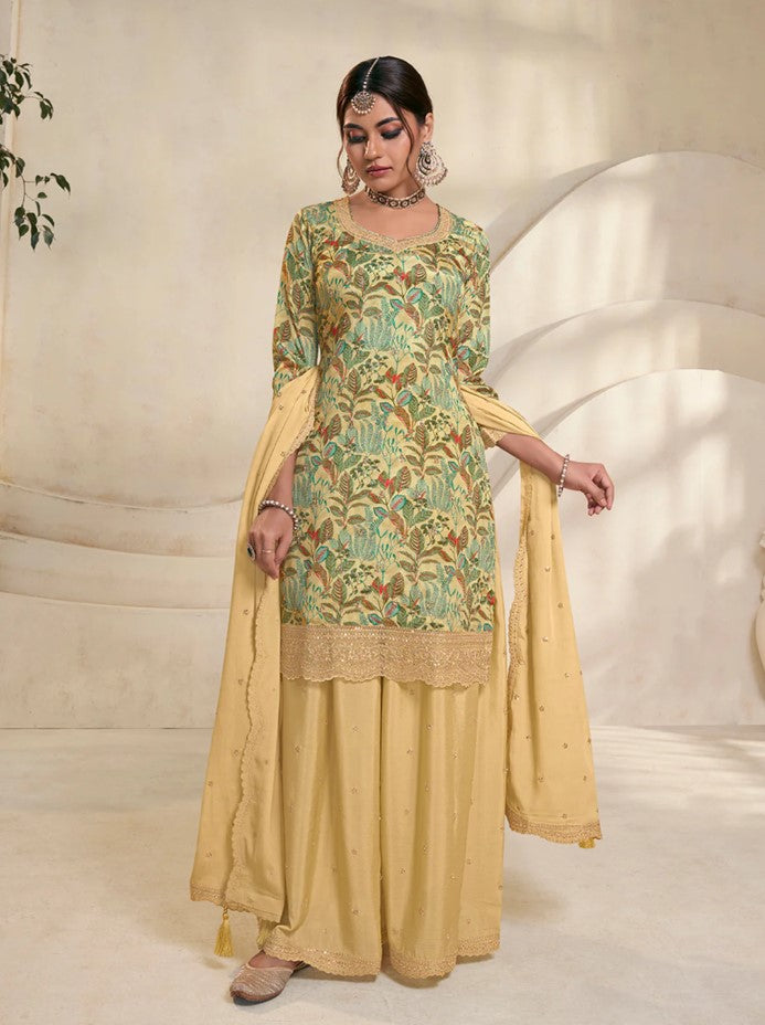 Vinay - Yellow Chinon Digital Floral Printed Sharara Suit Set - 3Pcs Suit